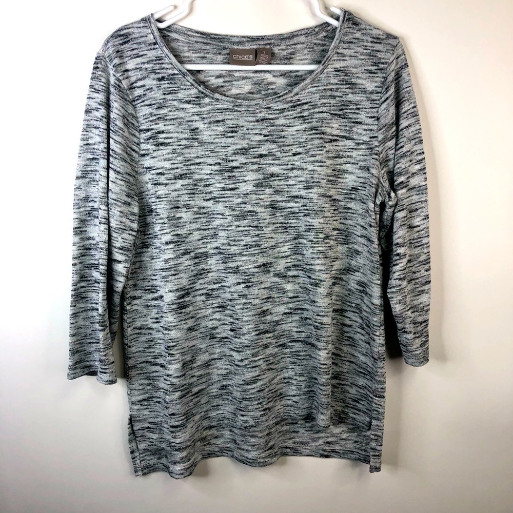 Chico’s silver white black tunic 3/4 sleeve scoop neck  sz 1 (8/10)